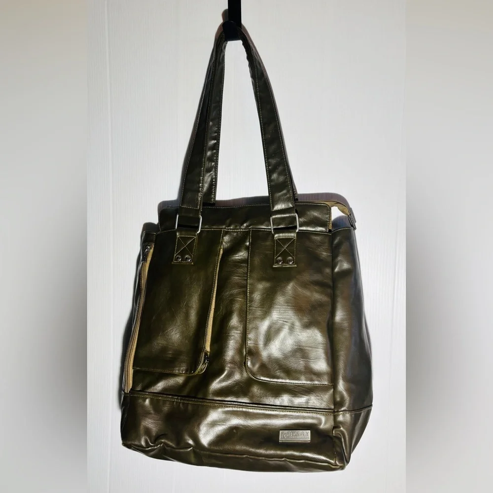 Dark Green Faux Leather Diaper Bag Large Baby Tote Multi Pocket Shoulder Bag